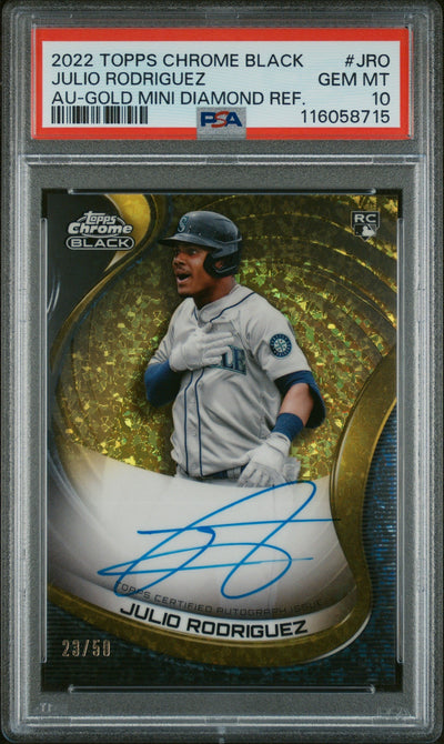Baseball Topps 2022 Topps Chrome Black Autograph Gold Mini Diamond Refractor Julio Rodriguez #Cbajro /50 PSA 10