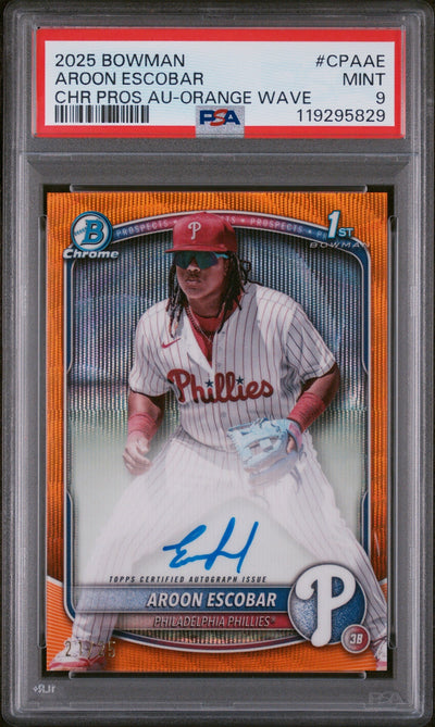 Baseball Bowman 2025 Bowman Chrome Prospect Autographs Orange Wave Aroon Escobar #Cpaae /25 PSA 9