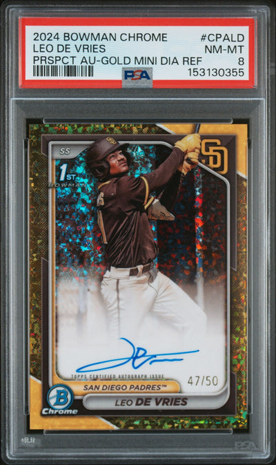 Baseball Topps 2024 Bowman Chrome Prospect Autographs Prspct Au-Gold Mini Dia Ref Leo De Vries #Cpald /50 PSA 8