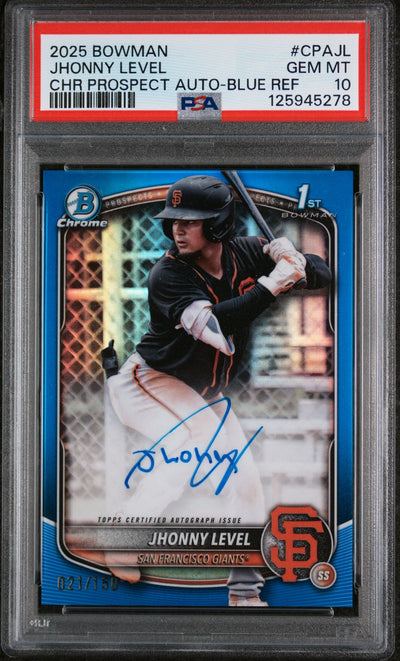 Baseball Bowman 2025 Bowman Chrome Prospect Autograph Blue Refractor Jhonny Level #Cpajl /150 PSA 10