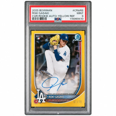 Baseball Bowman 2025 Chrome Rookie Autographs Yellow Refractors Roki Sasaki #Crars /75 PSA 9