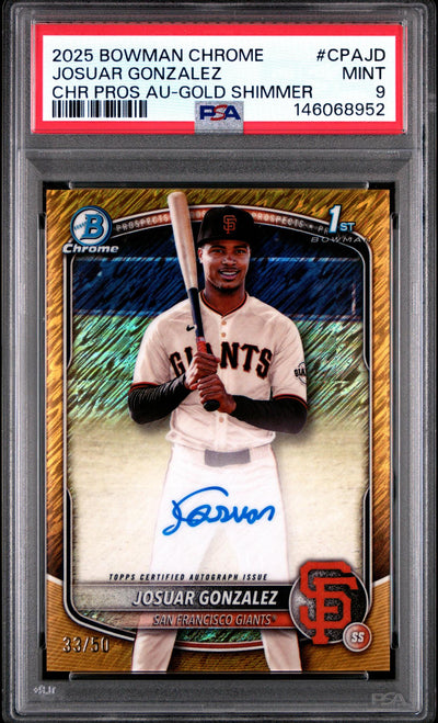 Baseball Bowman 2025 Bowman Chrome Prospect Autograph Gold Shimmer Refractor Josuar Gonzalez #Cpajd /50 PSA 9