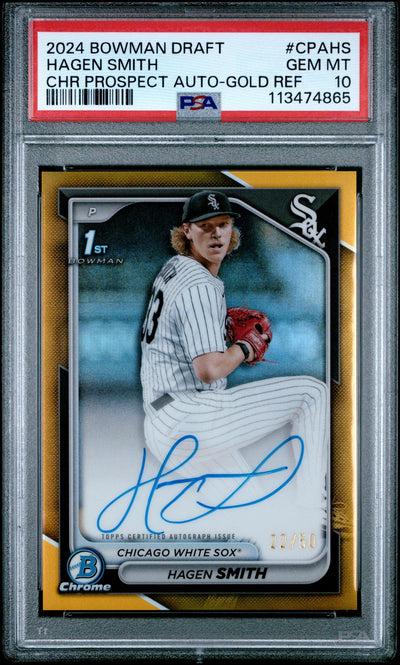Baseball Bowman 2024 Bowman Draft Chrome Prospect Autographs Gold Refractor Hagen Smith #Cpahs /50 PSA 10