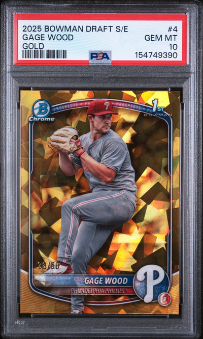Baseball Bowman 2025 Bowman Draft Sapphire Edition Gold Gage Wood #4 /50 PSA 10