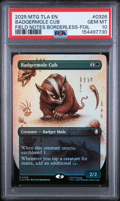 Magic The Gathering 2025 Magic The Gathering Avatar: The Last Airbender Field Notes Borderless-Foil Badgermole Cub #0326 PSA 10