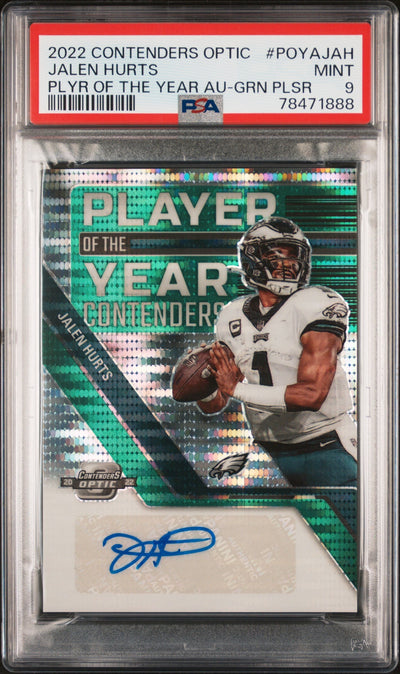 Football Panini 2022 Panini Contenders Optic Player Of The Year Contenders Autographs Green Pulsar Jalen Hurts #Poyajah PSA 9