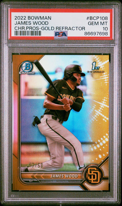 Baseball Bowman 2022 Bowman Chrome Prospect Gold Refractor James Wood #Bcp108 /50 PSA 10