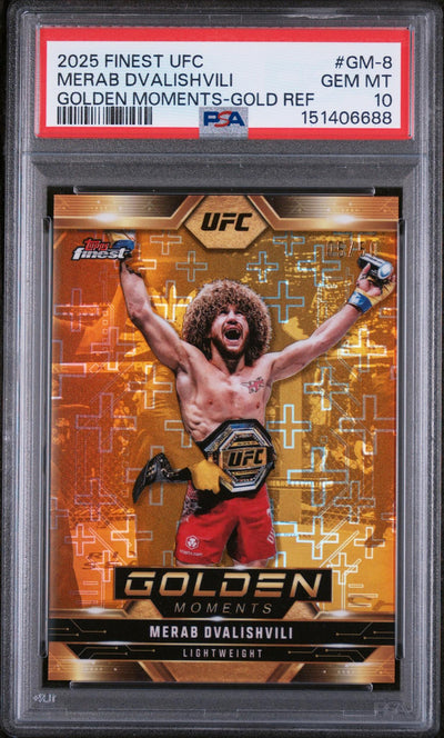 UFC MMA Topps 2025 Topps Finest UFC Golden Moments Gold Refractor Merab Dvalishvili #GM-8 /50 PSA 10