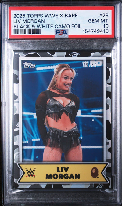 WWE Wrestling Topps 2025 Topps WWE X Bape Black & White Camo Foil Liv Morgan #28 /50 PSA 10