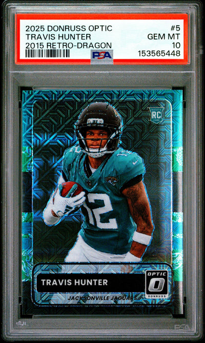 Sports 2025 Donruss Optic '15 Retro Dragon Travis Hunter #5 /24 PSA 10