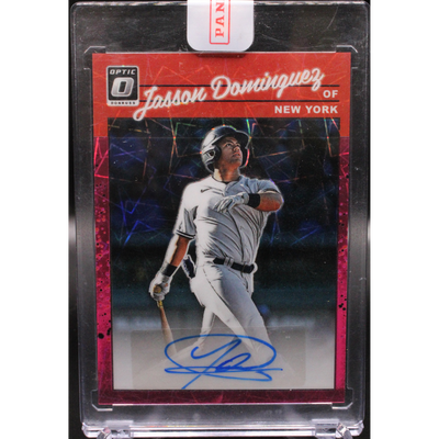 Baseball Panini 2023 Panini Donruss Optic Baseball - Jasson Dominguez 1990-Jd - Optic Pink Velocity Auto /7