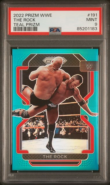 WWE Wrestling Panini 2022 Panini Prizm WWE The Rock 191 Teal /49 - PSA 9