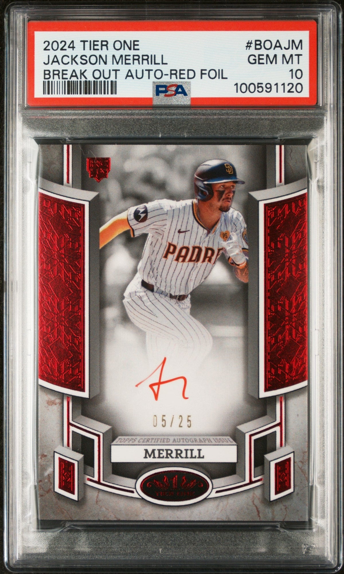 Baseball Topps 2024 Topps Tier One Red Foil Jackson Merrill #Boajm Auto /25 PSA 10