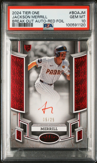 Baseball Topps 2024 Topps Tier One Red Foil Jackson Merrill #Boajm Auto /25 PSA 10