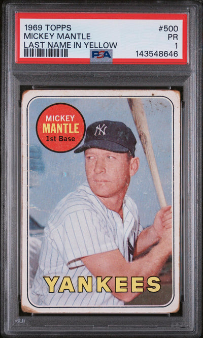 Pokémon Panini 1969 Topps Yellow Letters Mickey Mantle #500 PSA 1