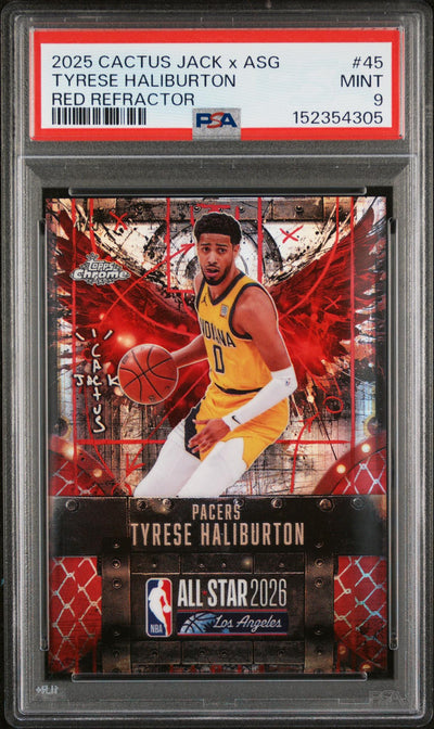 Basketball Topps 2025 Topps Chrome Cactus Jack X NBA All-Star Game Red Refractor Tyrese Haliburton #45 PSA 9