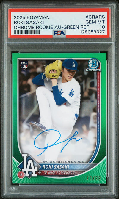 Baseball Bowman 2025 Bowman Chrome Rookie Autographs Green Refractor Roki Sasaki #Crars /99 PSA 10