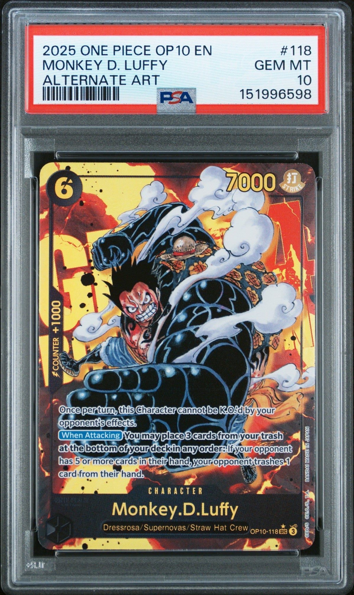 One Piece TCG 2025 One Piece Royal Blood Alternate Art Monkey D. Luffy #Op10-118 PSA 10