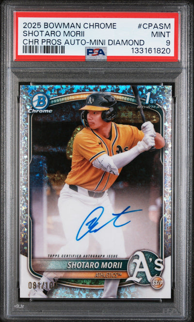 Baseball Bowman 2025 Chrome Prospect Autographs Mini-Diamond Refractors Shotaro Morii #Cpasm /100 PSA 9