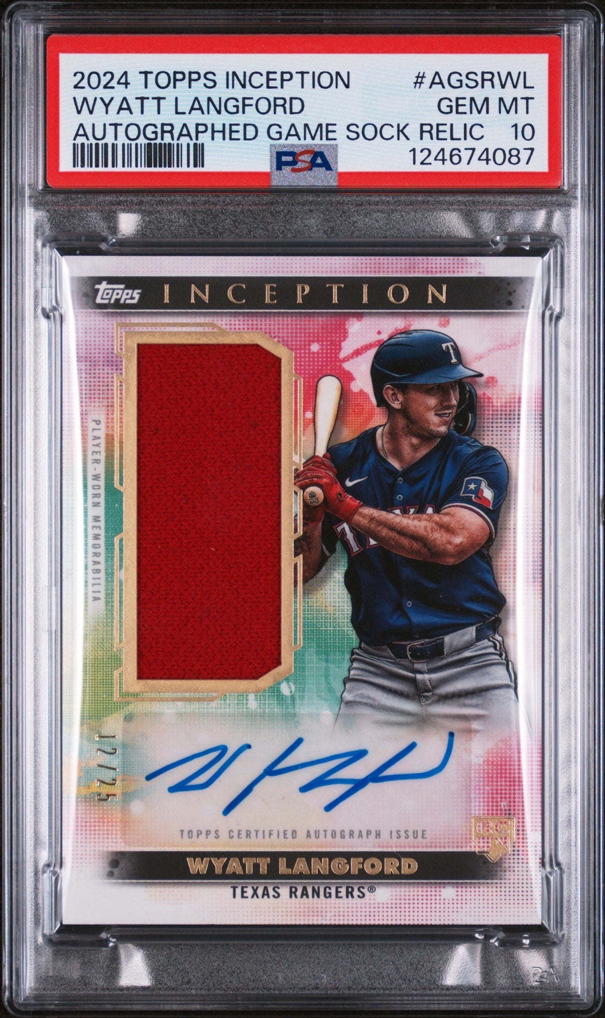Baseball Topps 2024 Topps Inception Autographed Game Sock Relic Wyatt Langford #Agsrwl PSA 10
