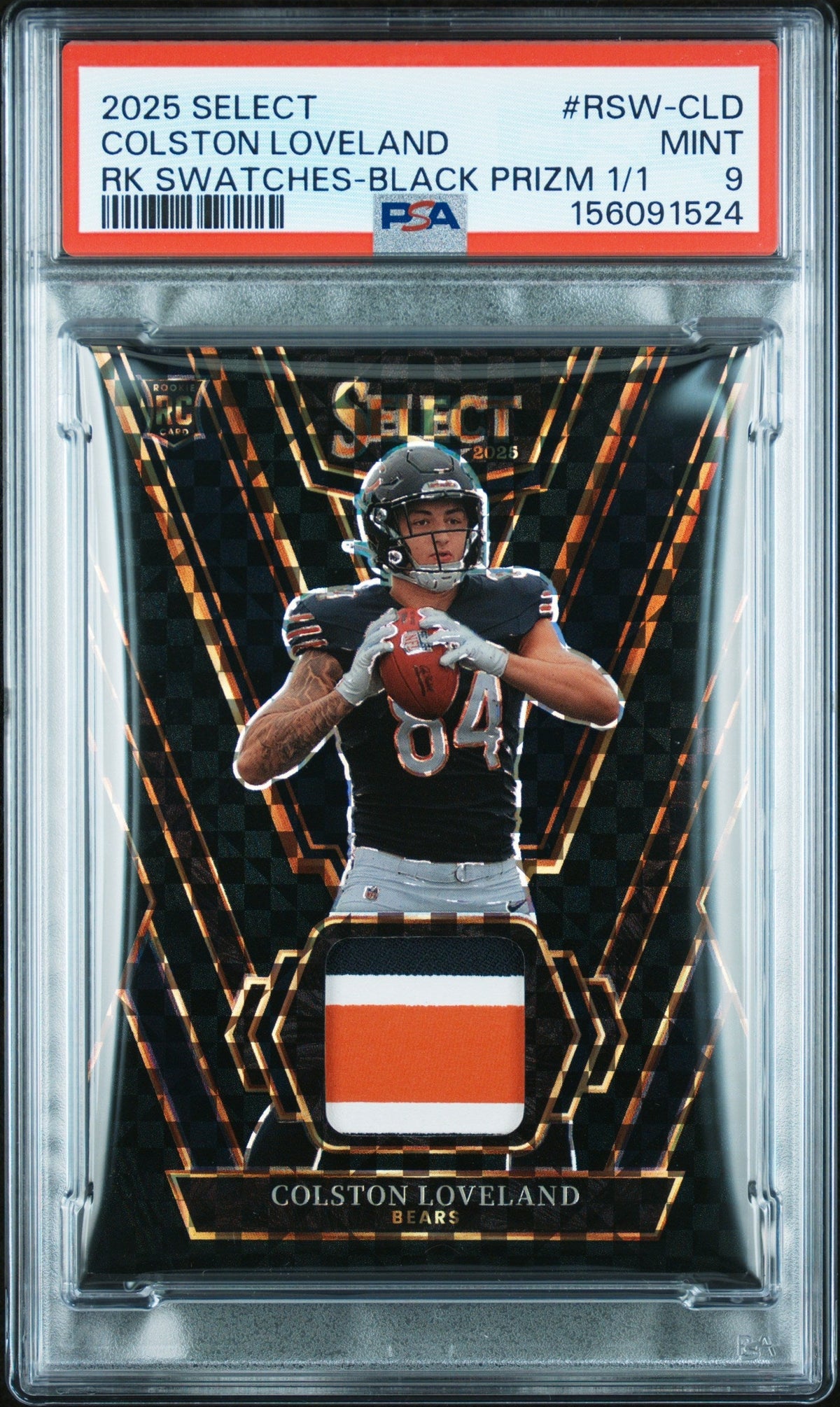 Football Panini 2025 Panini Select Rookie Swatches Rk Swatches-Black Prizm 1/1 Colston Loveland #Rsw-Cld PSA 9