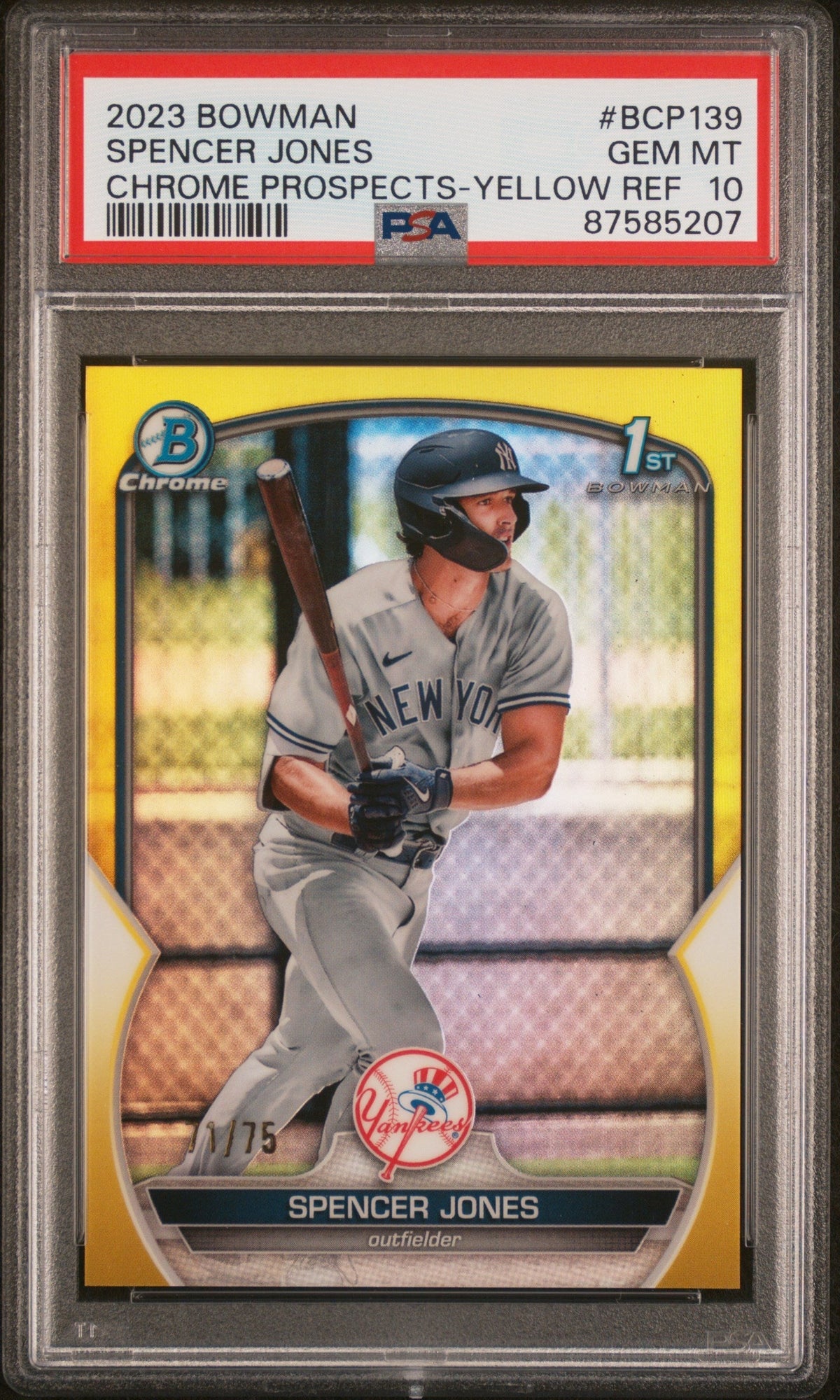 2023 Bowman Chrome Prospect Yellow Refractor Spencer Jones #Bcp139 /75 PSA 10