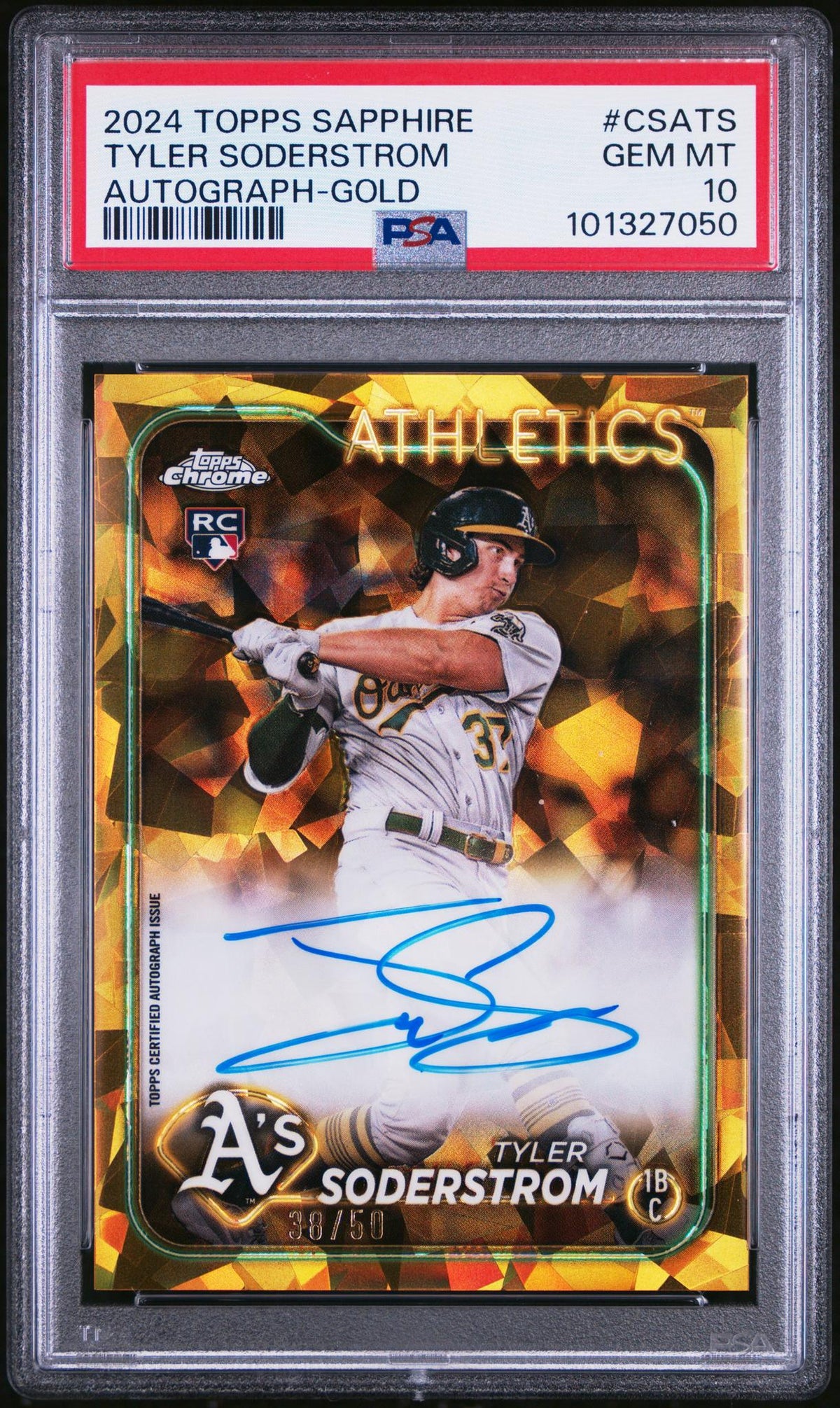 Baseball Topps 2024 Topps Chrome Sapphire Chrome Sapphire Autographs Autograph-Gold Tyler Soderstrom #Csats /50 PSA 10