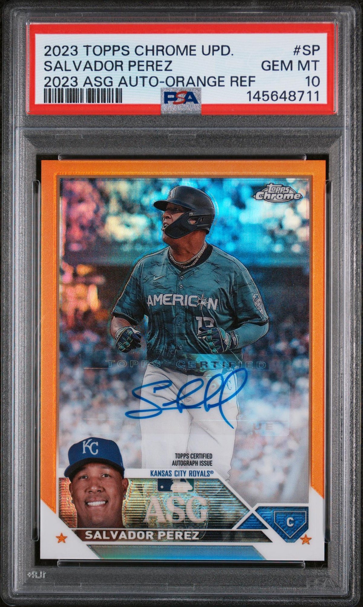 Baseball Topps 2023 Topps Chrome Update 2023 All-Star Game Autograph Orange Salvador Perez #SP /25 PSA 10 145648711