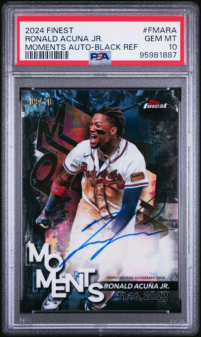 Baseball Topps 2024 Topps Finest Finest Moments Autographs Moments Auto-Black Ref Ronald Acuna Jr. #Fmara /10 PSA 10