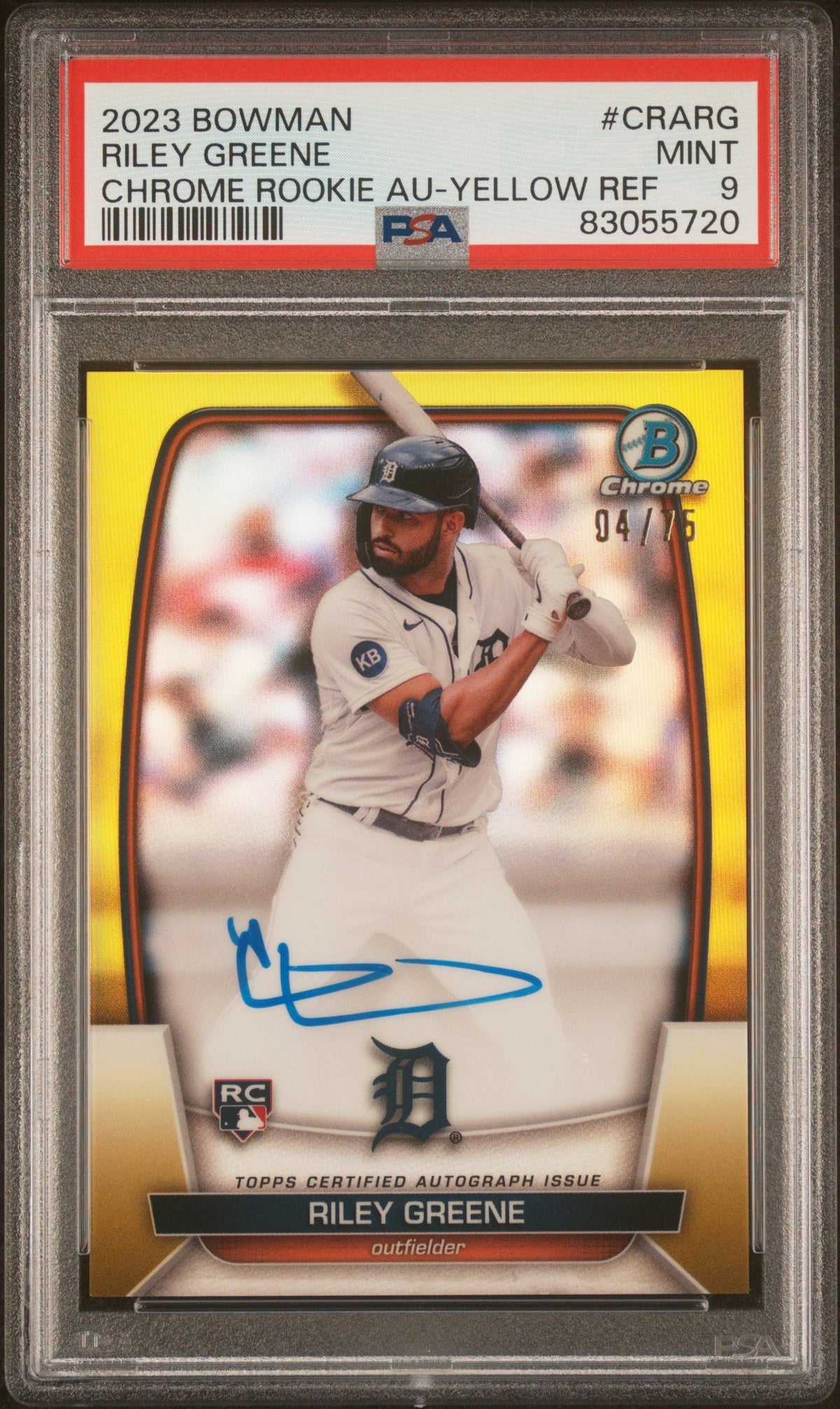 Pokémon Panini 2023 Bowman Chrome Rookie Autograph Yellow Refractor Riley Greene #Crarg /75 PSA 9