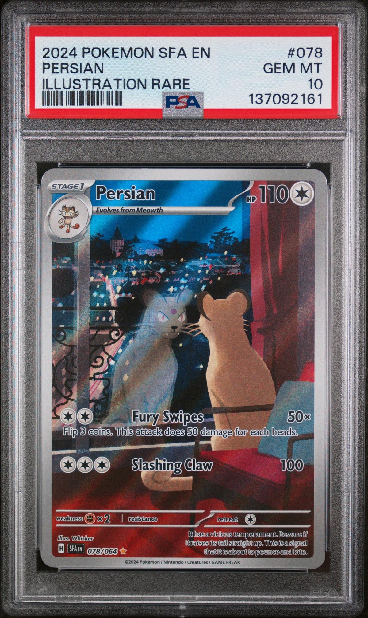 Pokémon 2024 Pokemon Scarlet And Violet Shrouded Fable Illustration Rare Persian #078 PSA 10