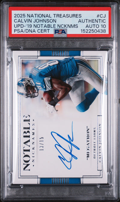 Football Panini 2025 Panini National Treasures Update Upd-'19 Notable Ncknms Calvin Johnson #Cj /15 PSA 0
