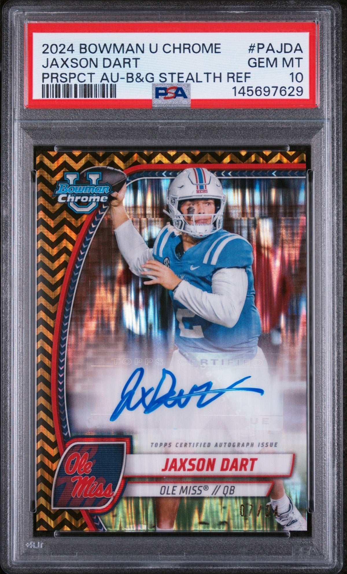 Baseball Bowman 2024 Bowman University Chrome Bowman Chrome Prospect Autographs Prspct Au-B&G Stealth Ref Jaxson Dart #Pajda /25 PSA 10