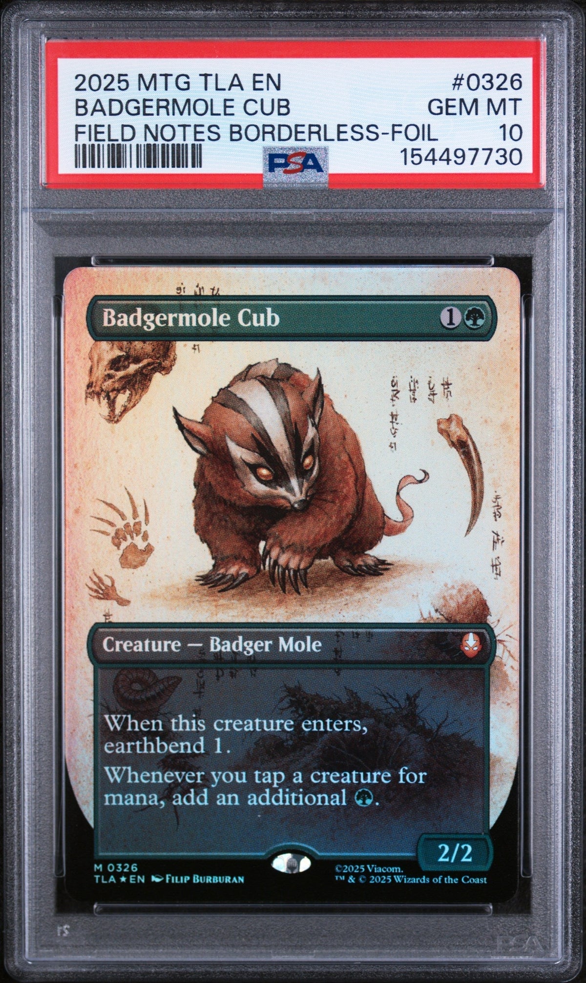 Magic The Gathering 2025 Magic The Gathering Avatar: The Last Airbender Field Notes Borderless-Foil Badgermole Cub #0326 PSA 10