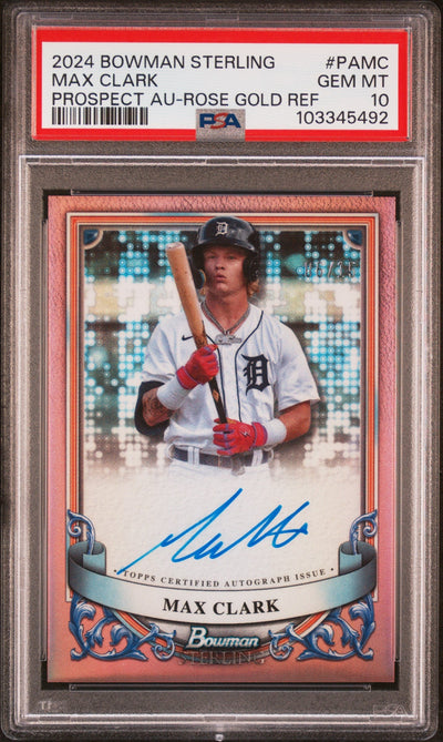 Baseball Bowman 2024 Bowman Sterling Prospect Autographs Rose Gold Refractors Max Clark #Pamc /15 /99 PSA 10