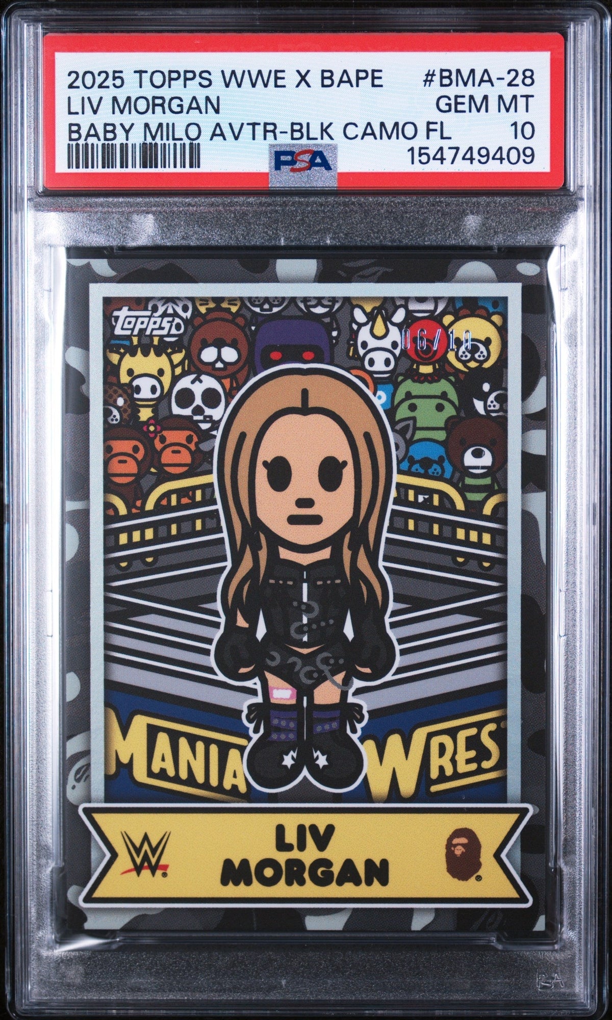 2025 Topps Wwe X Bape Baby Milo Avatar Baby Milo Avtr-Blk Camo Fl Liv Morgan #Bma-28 10/10 PSA 10