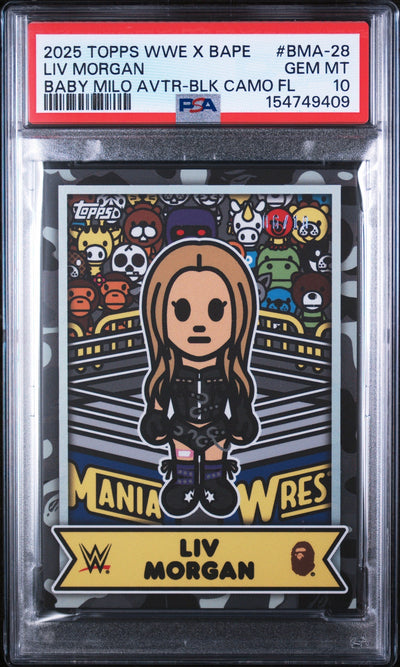 WWE Wrestling Topps 2025 Topps WWE X Bape Baby Milo Avatar Baby Milo Avtr-Blk Camo Fl Liv Morgan #Bma-28 10/10 PSA 10