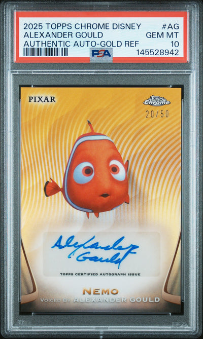 Sports Topps 2025 Topps Chrome Disney Disney Chrome 2025 Authentic Autographs Gold Refractor Alexander Gould Nemo #Ag /50 PSA 10