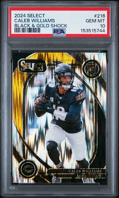 Football Panini 2024 Select Prizm Black And Gold Shock Caleb Williams #216 PSA 10