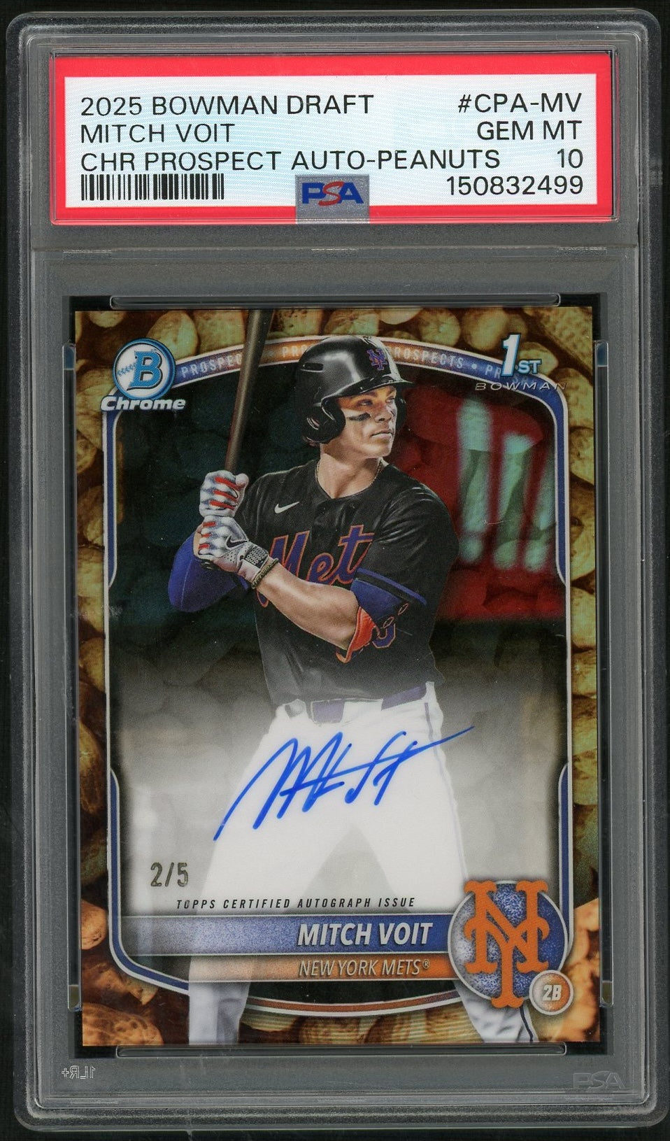 Baseball Topps 2025 Bowman Draft Chrome Prospect Autographs Peanuts Mitch Voit #Cpa-Mv /5 PSA 10