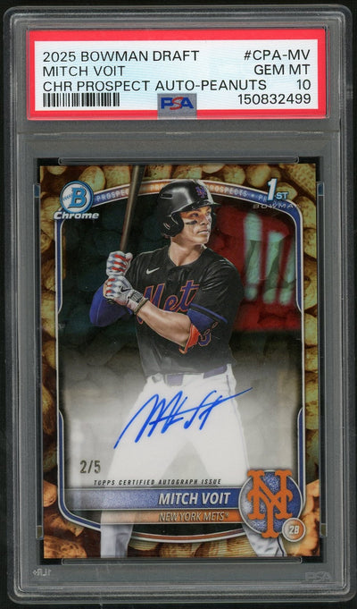 Baseball Topps 2025 Bowman Draft Chrome Prospect Autographs Peanuts Mitch Voit #Cpa-Mv /5 PSA 10