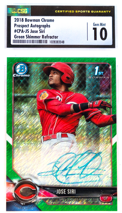 Baseball Bowman 2018 Bowman Chrome - Jose Siri Cpa-Js - Green Shimmer /99 - Csg 10 / 10