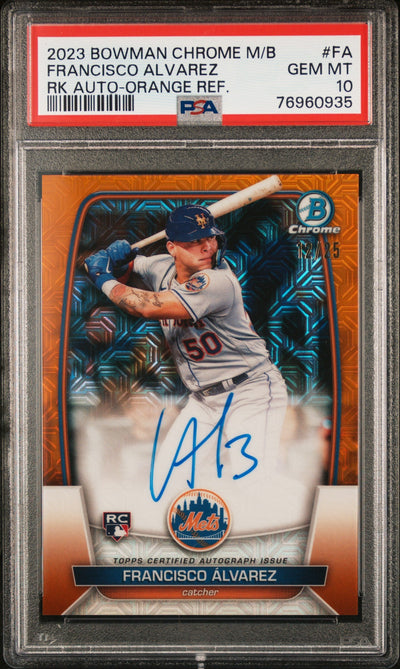 Baseball Bowman 2023 Bowman Mega Box Chrome Rookies Autographs Rk Auto-Orange Ref. Francisco Alvarez #Fa /25 PSA 10