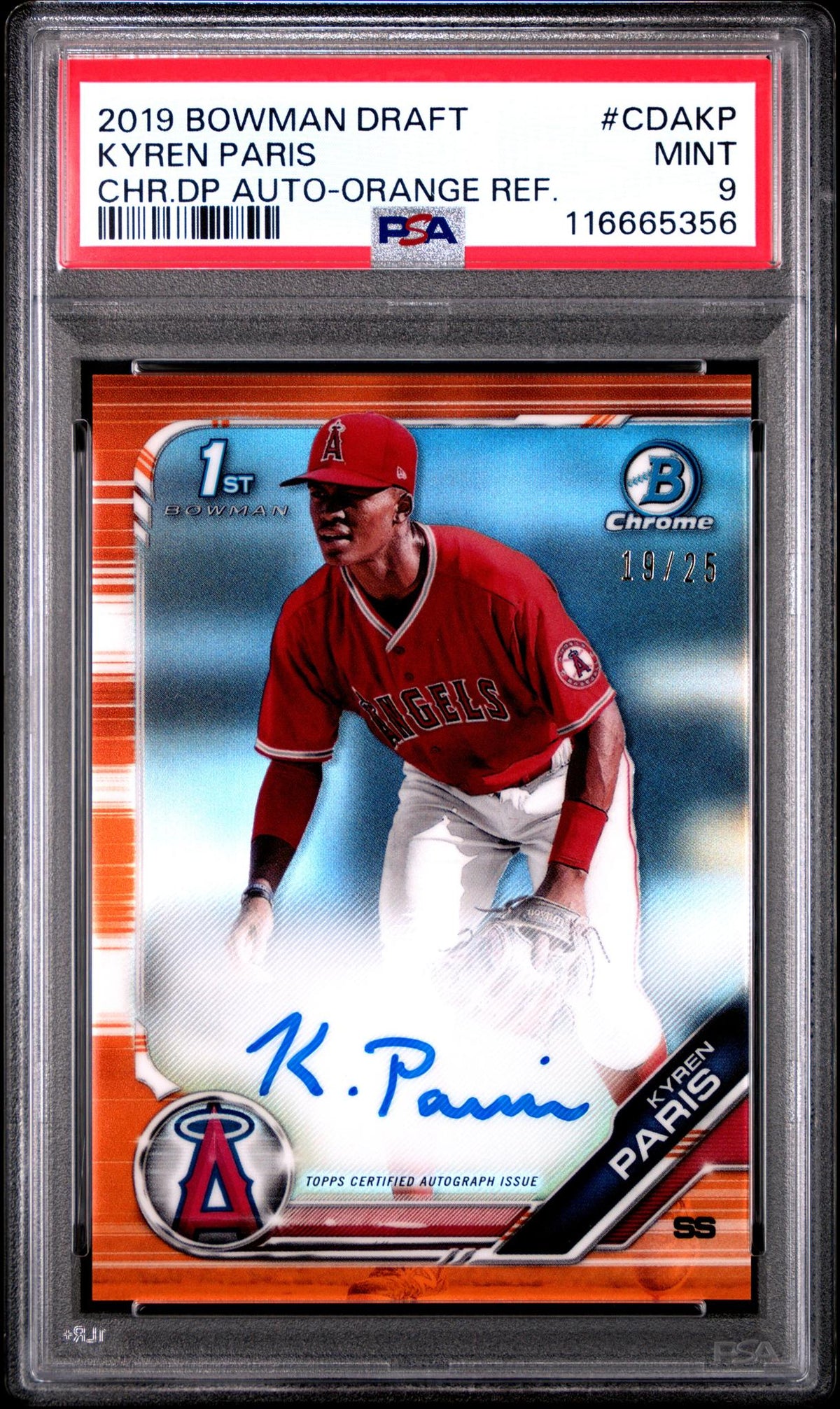 Pokémon Panini 2019 Bowman Chrome Draft Autographs Orange Refractor Kyren Paris #Cdakp /25 PSA 9