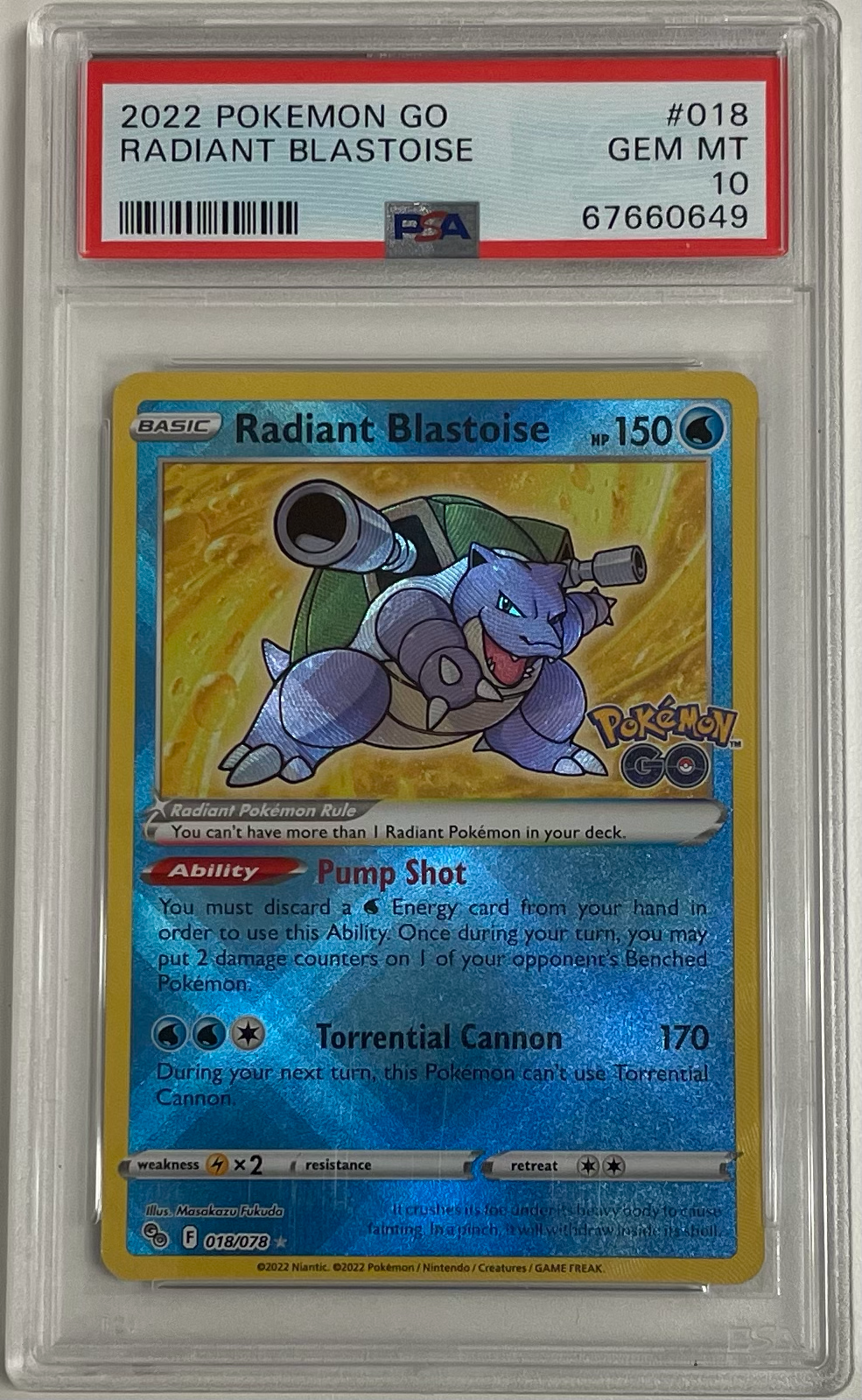 Pokémon Radiant Blastoise 018/078 Pokemon Go - 2022 Pokemon - PSA 10