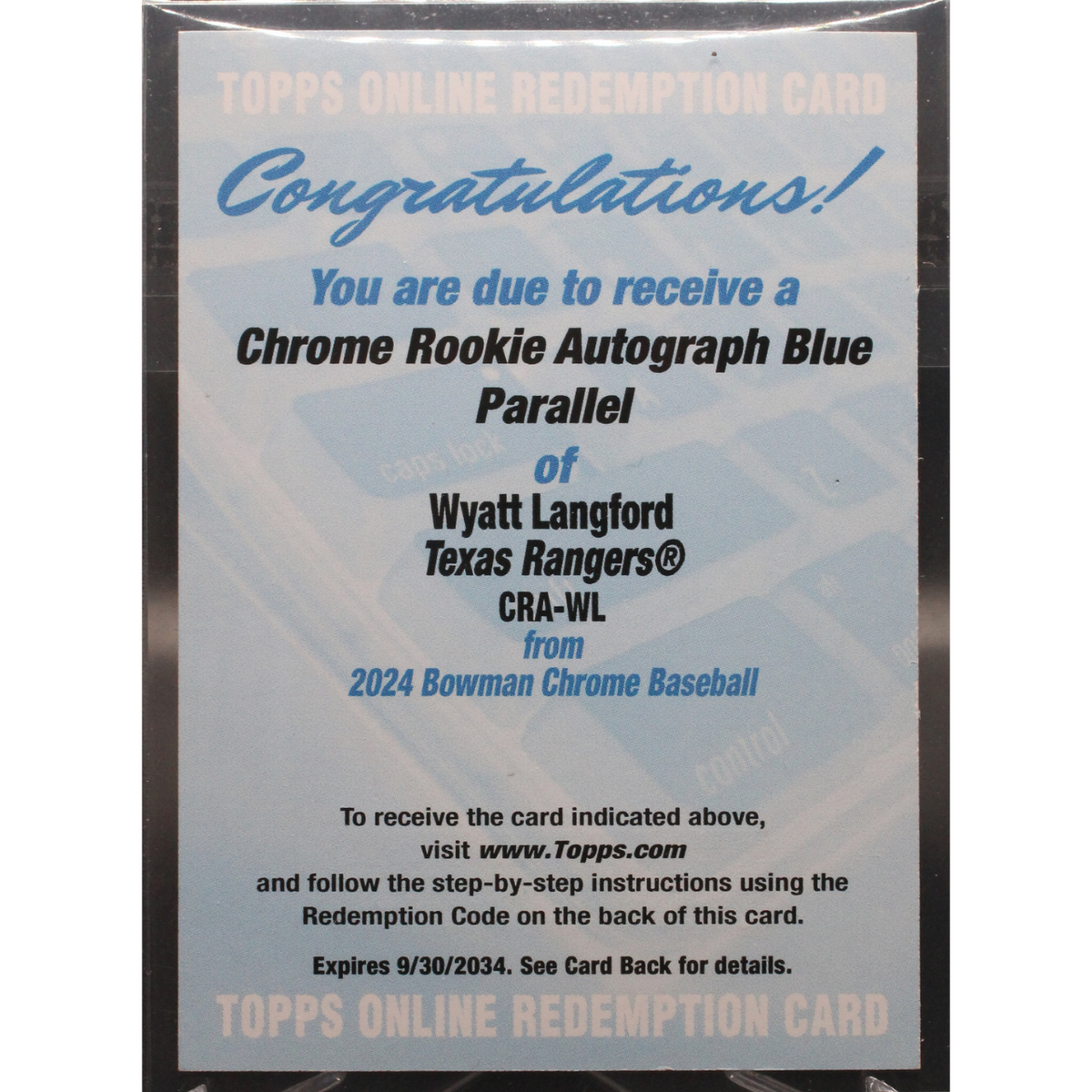 Baseball Topps 2024 Topps Bowman Chrome Baseball - Wyatt Langford Cra-Wl - Blue Rookie Auto