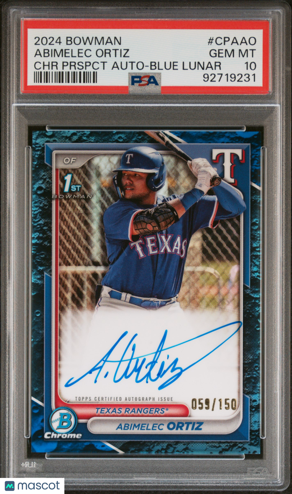 2024 Bowman Prospect Auto Abimelec Ortiz #Cpaao  Blu Lunar Ref /150 PSA 10