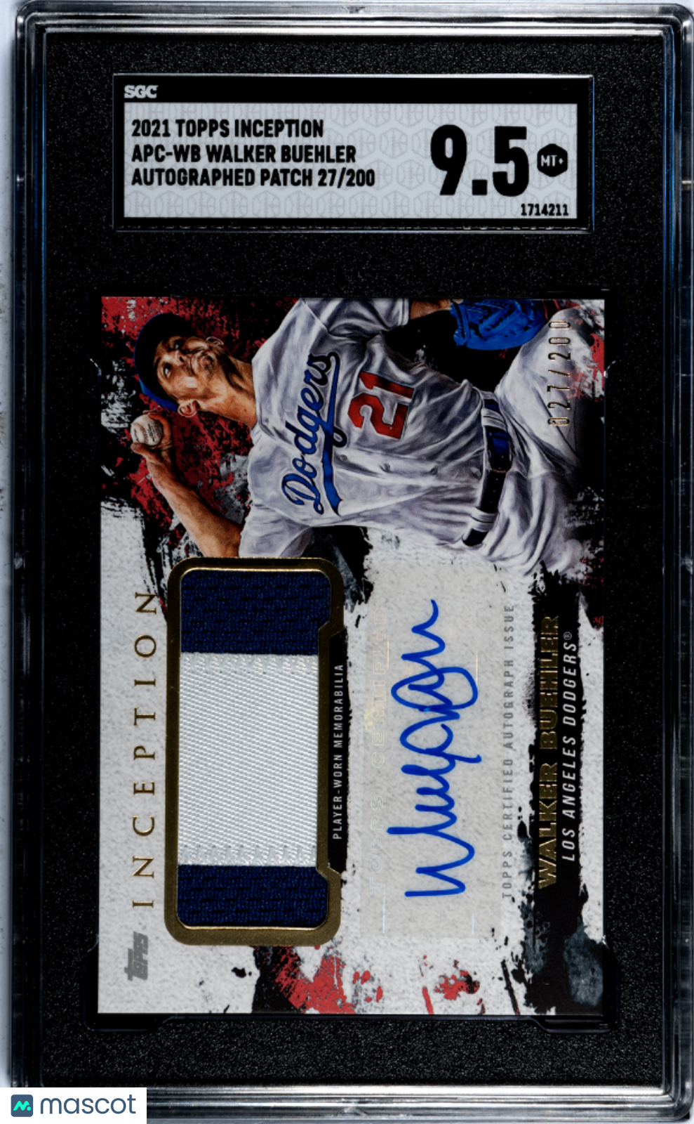 2021 Topps Inception Walker Buehler #Apc-Wb Autograph Patch Sgc 9.5