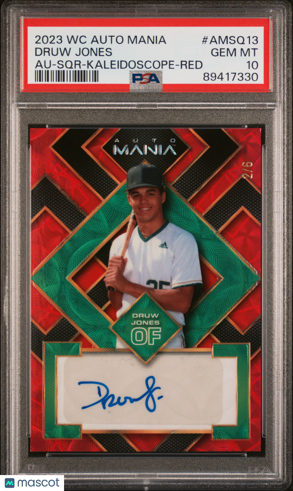 2023 Wild Card Auto Mania Autographs Druw Jones #Amsq13 Sqr  Red 2/6 PSA 10