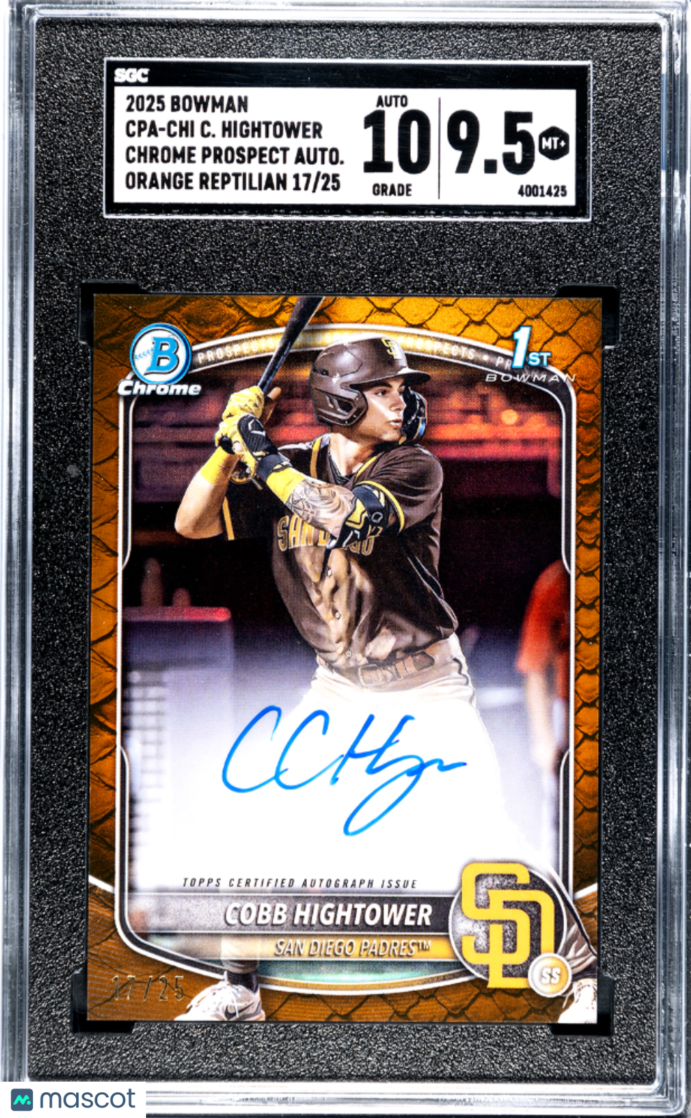 2025 Bowman Cobb Hightower #Cpa-Chi Prospect Orange Reptilian Re Sgc 9.5 Auto 10